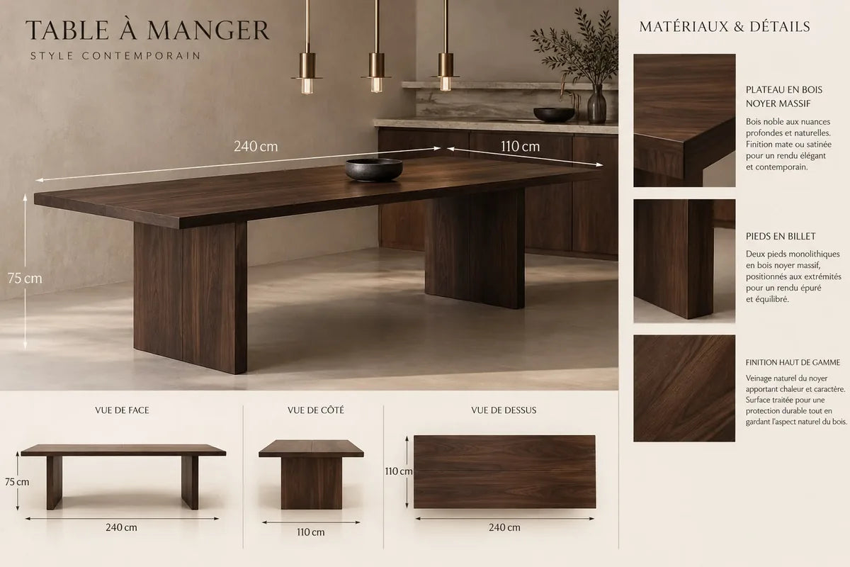 Concept M010 — table rectangulaire à pieds blocs ; planche de conception non vérifiée.