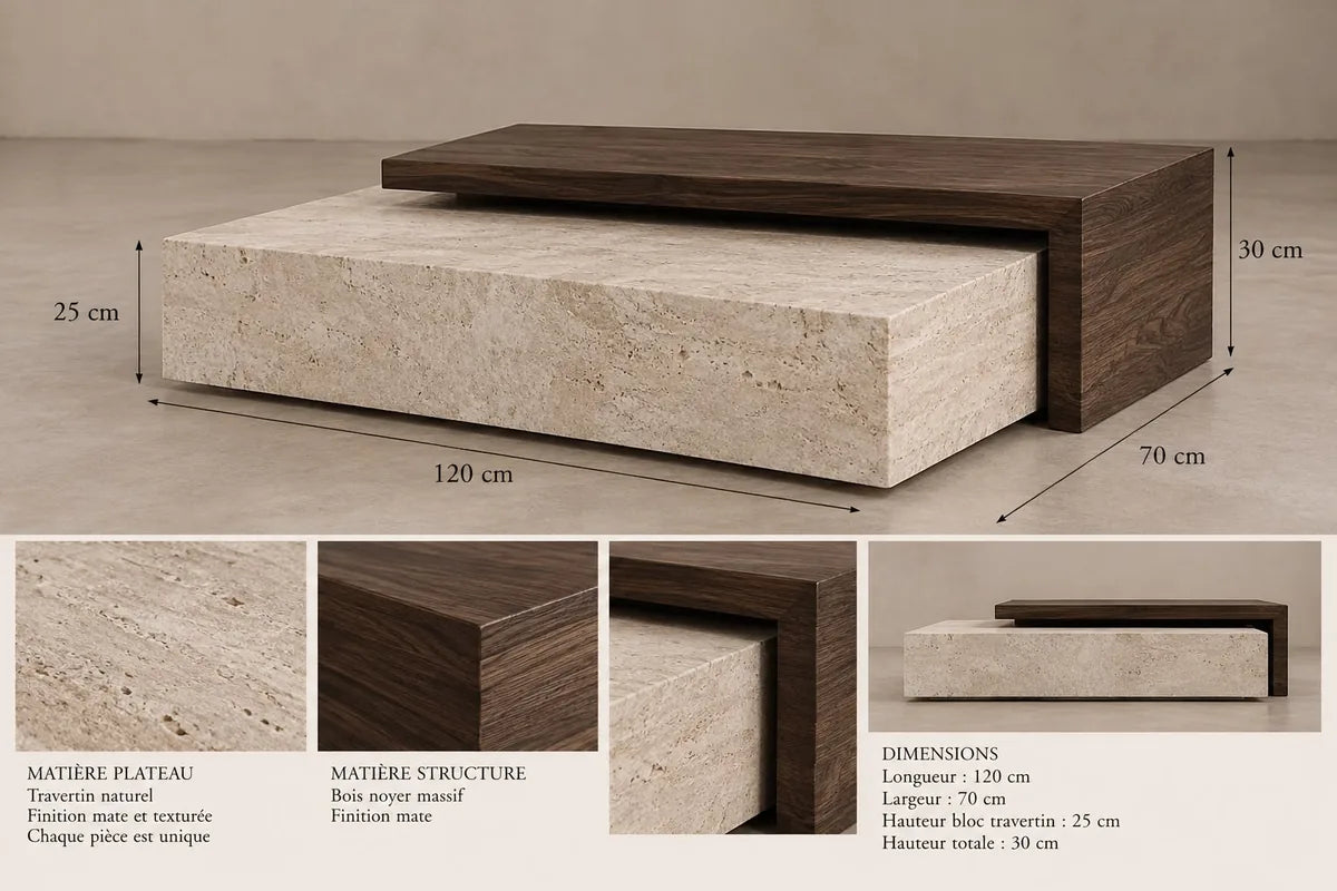 Concept M020 — table basse à volumes superposés ; planche de conception non vérifiée.