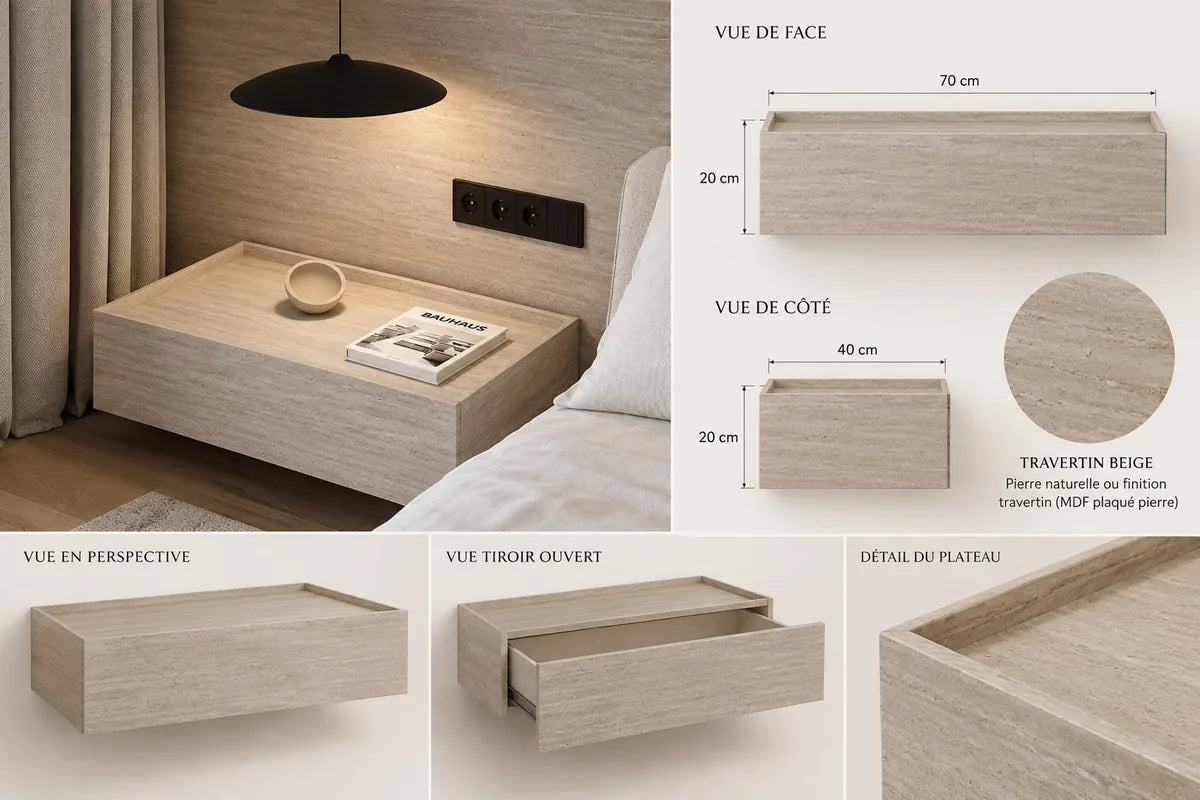 Concept M040 — chevet suspendu rectangulaire ; planche de conception non vérifiée.
