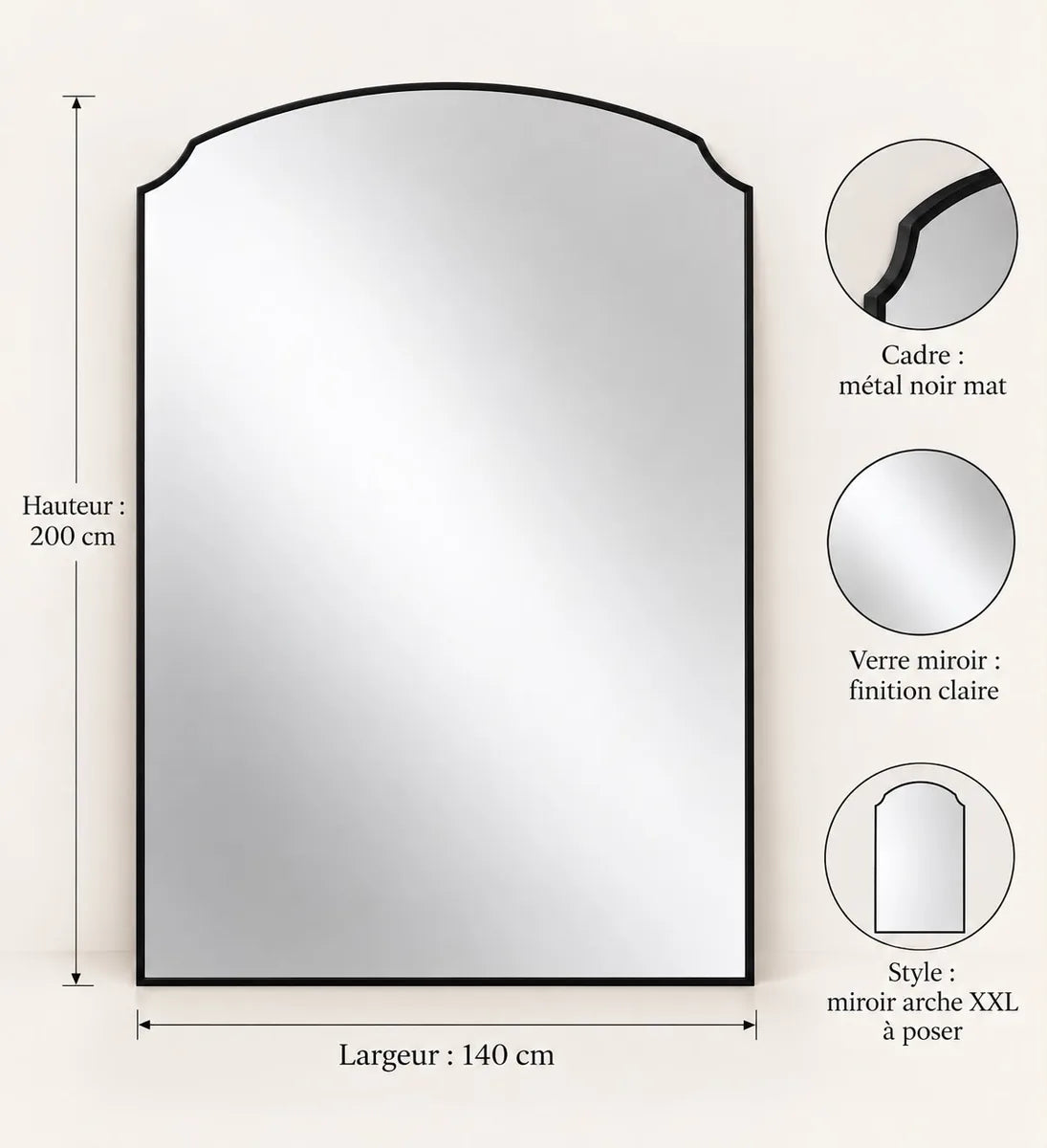 Concept M044 — grand miroir arche ; planche de conception non vérifiée.