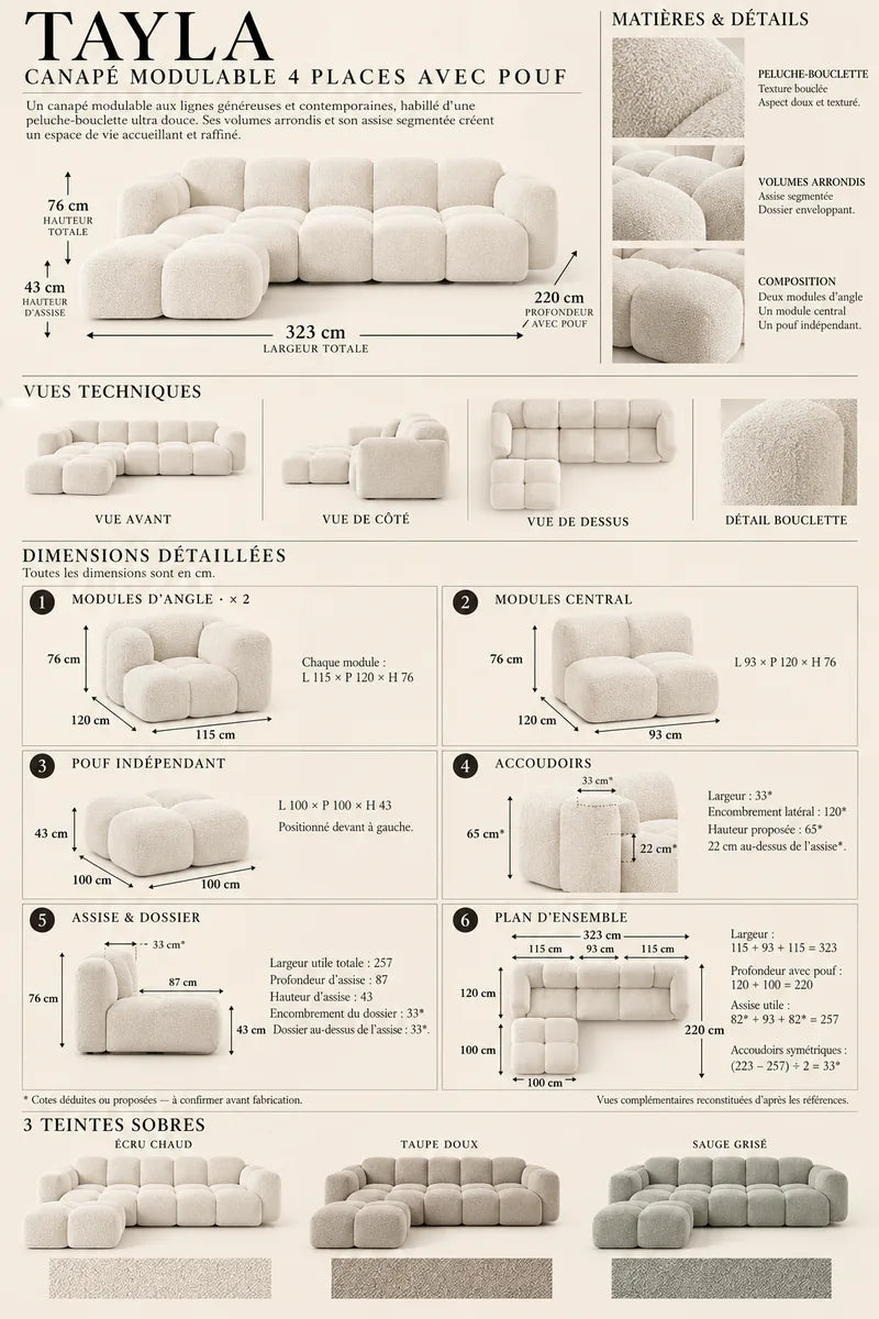 Concept M005 — canapé modulable avec pouf ; planche de conception non vérifiée.