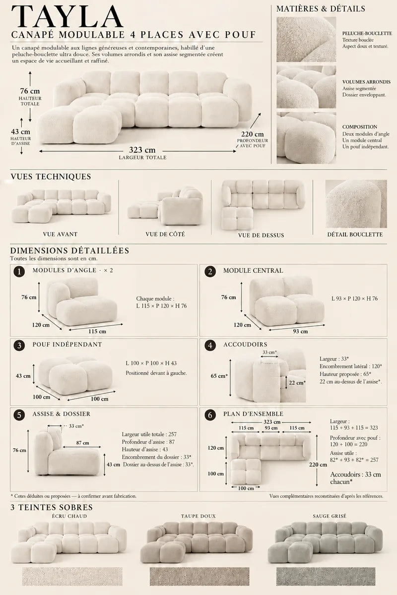 Concept M005 — canapé modulable avec pouf ; planche de conception non vérifiée.