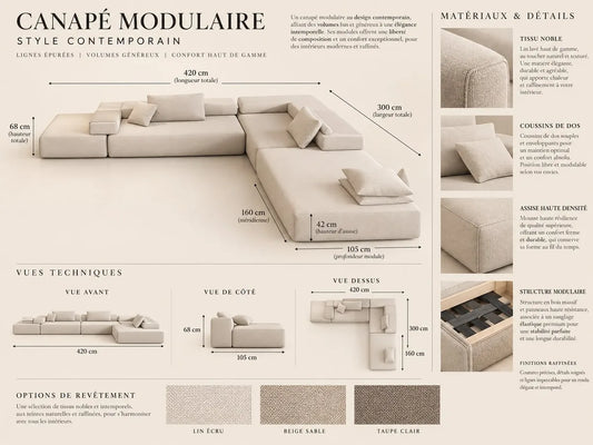 Concept M007 — grand canapé en l ; planche de conception non vérifiée.