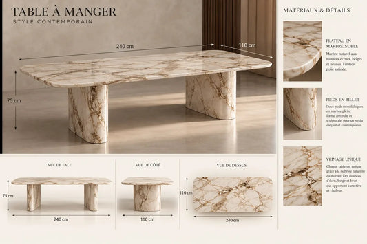 Concept M011 — table rectangulaire veinée ; planche de conception non vérifiée.