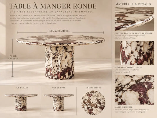 Concept M012 — table ronde à pied central ; planche de conception non vérifiée.