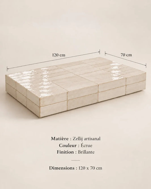 Concept M015 — table basse en bloc ; planche de conception non vérifiée.