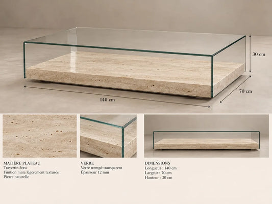 Concept M016 — table basse à plateau en pont ; planche de conception non vérifiée.