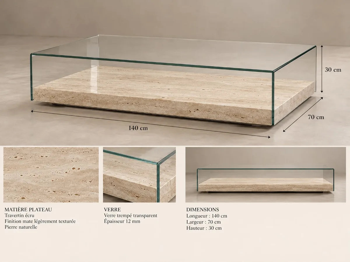 Concept M016 — table basse à plateau en pont ; planche de conception non vérifiée.