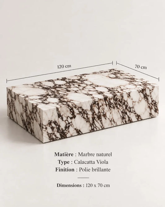 Concept M017 — table basse monolithe veinée ; planche de conception non vérifiée.