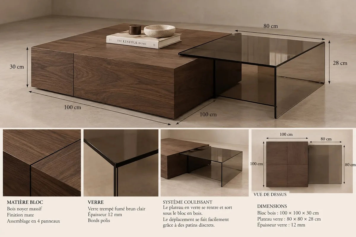 Concept M018 — table basse à plateaux décalés 