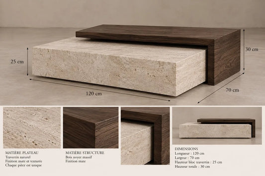 Concept M020 — table basse à volumes superposés ; planche de conception non vérifiée.