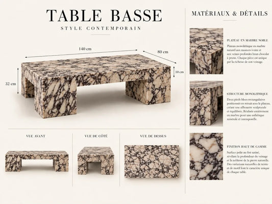 Concept M021 — table basse en pont veinée ; planche de conception non vérifiée.
