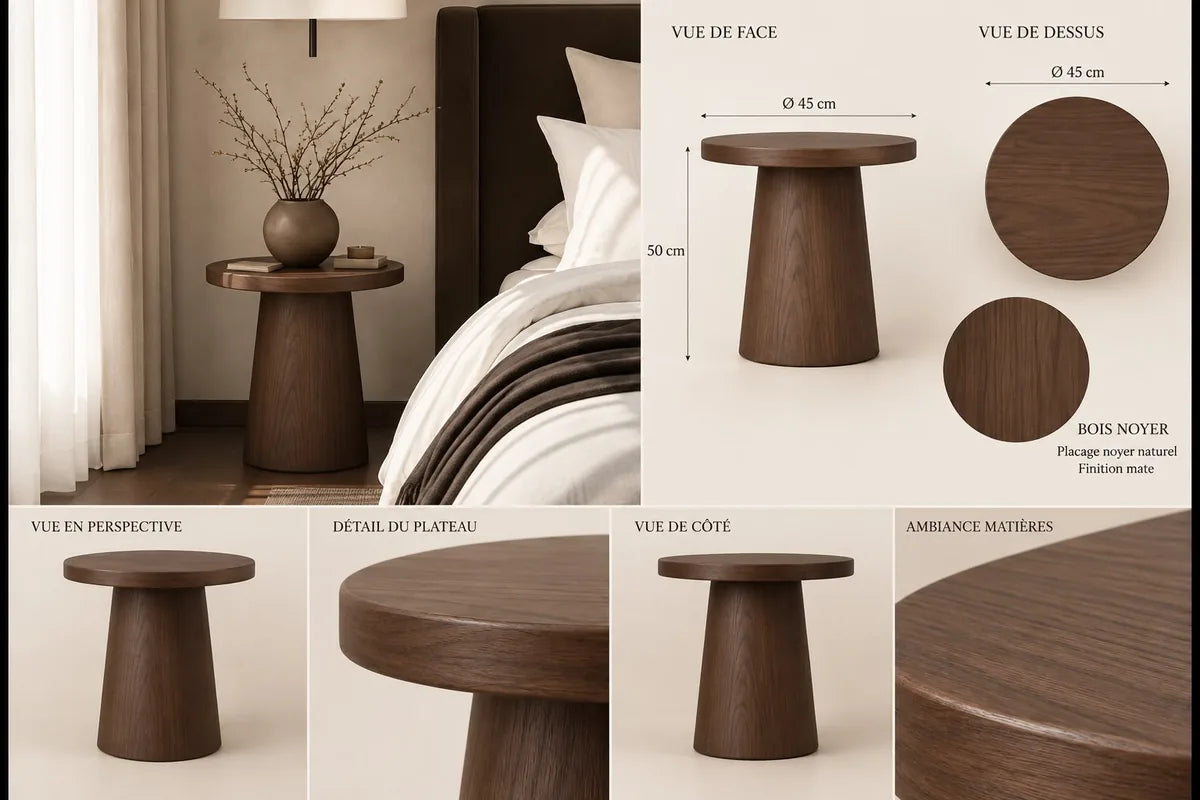 Concept M036 — table d’appoint ronde ; planche de conception non vérifiée.