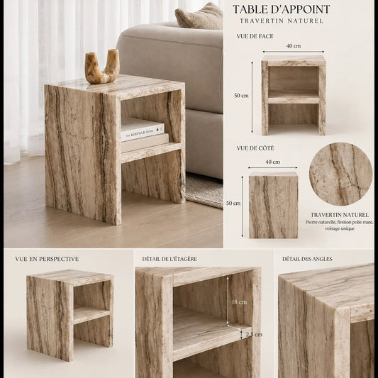 Concept M038 — table d’appoint avec étagère ; planche de conception non vérifiée.